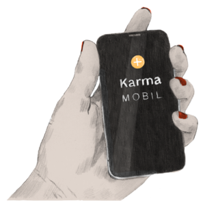 Ikon - hand som håller i mobiltelefon med Karma Mobil logotyp